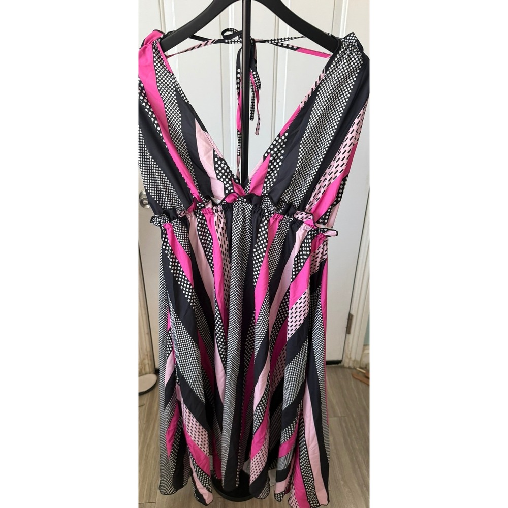Pink Black White Geometric Stripe Polka Dot Halter Neck Open Back Midi Dress